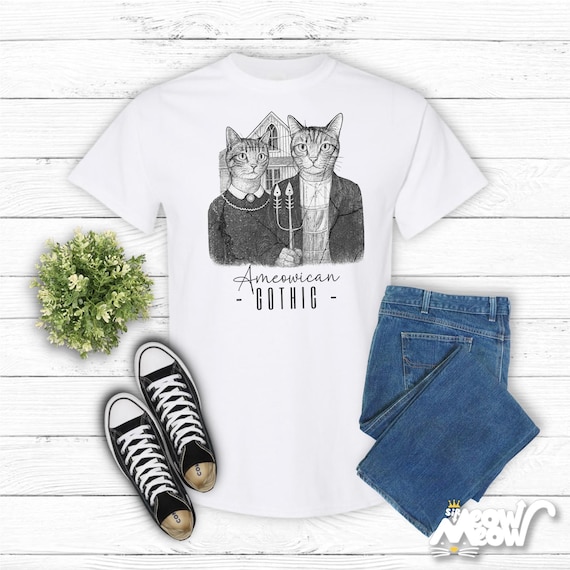 Ameowican Gothic Cat T-Shirt: Funny Art Parody Tee