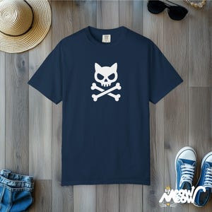 Cat Skull Crossbones T-Shirt: Comfort Colors Gothic Punk Tee True Navy