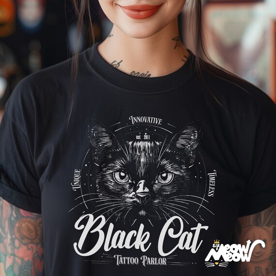 Black Cat Tattoo Parlor T-Shirt: Vintage Unisex Tee