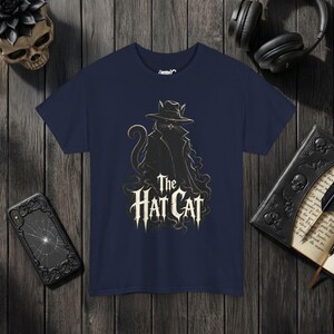 The Hat Cat Gothic T-Shirt, Spooky Halloween Cat Lover Tee Navy