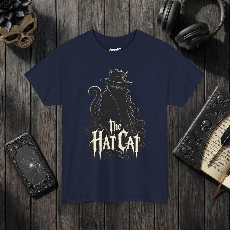 The Hat Cat Gothic T-Shirt, Spooky Halloween Cat Lover Tee Navy