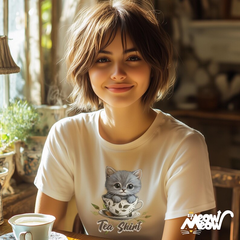 May include: A white t-shirt with a graphic of a gray kitten sitting in a teacup. The text "Tea Shirt" is printed below the image. The shirt is being worn by a person with short brown hair.