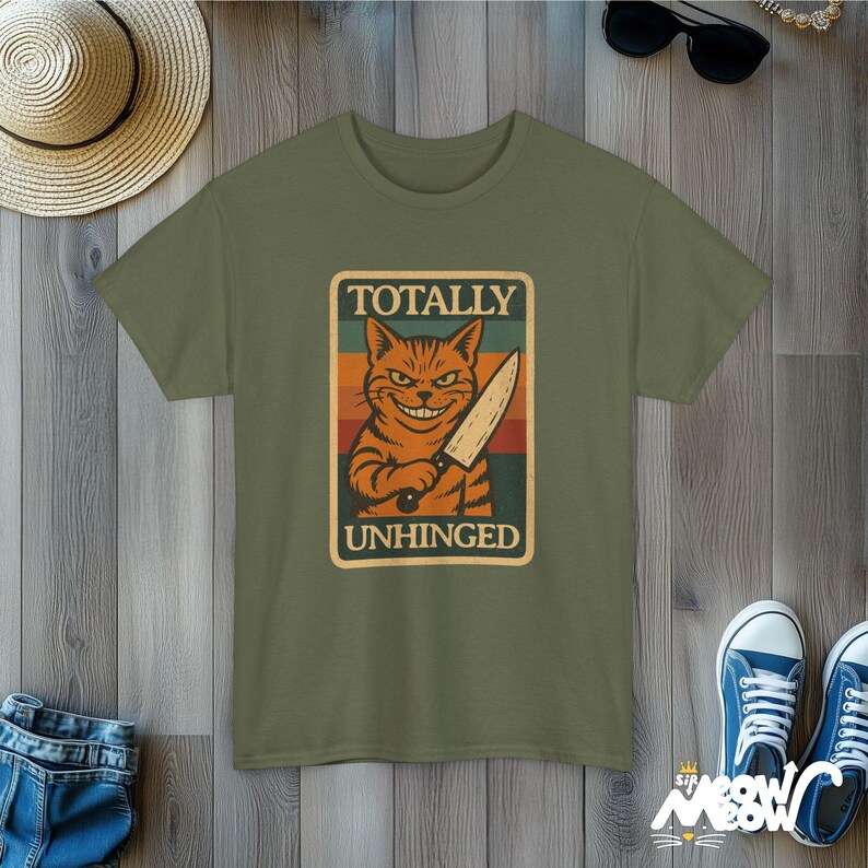 Unhinged Cat Knife T-Shirt: Funny Psycho Cat, Retro Style Military Green