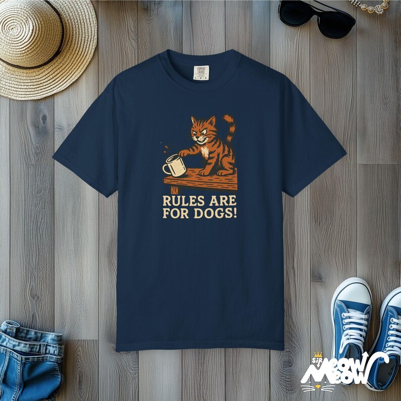 Funny Cat T-Shirt: Rules Are For Dogs, Comfort Colors Unisex Tee True Navy