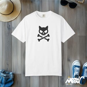 Cat Skull Crossbones T-Shirt: Comfort Colors Gothic Punk Tee White