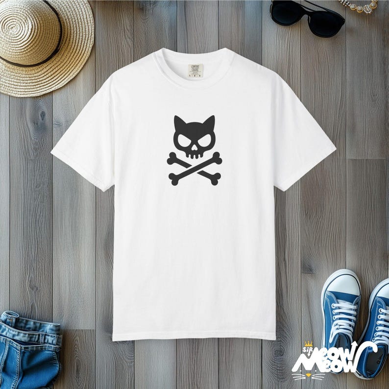 Cat Skull Crossbones T-Shirt: Comfort Colors Gothic Punk Tee White