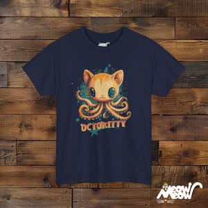 OctoKitty T-Shirt, Cute Octopus Cat Hybrid Design, Fun Ocean-Themed Cat Lover Tee, Quirky Animal Mashup Gift Navy
