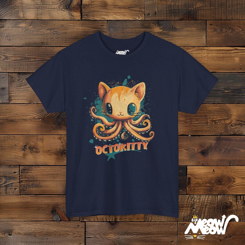 OctoKitty T-Shirt, Cute Octopus Cat Hybrid Design, Fun Ocean-Themed Cat Lover Tee, Quirky Animal Mashup Gift Navy