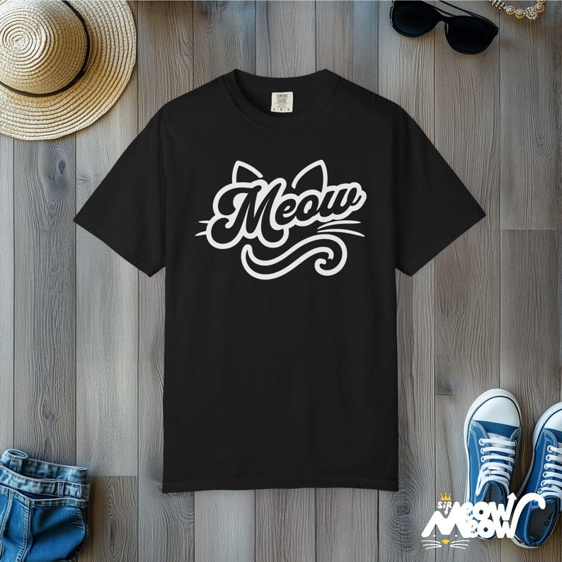 Meow Script Cat T-Shirt: Retro Kitty Comfort Colors Tee Black