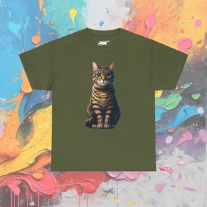 Double Sided Tabby Cat T-Shirt, Front & Back Feline Design, Unique Unisex Cat Lover Tee Military Green