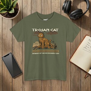 Trojan Cat Shirt, Funny Greek Mythology History Tee, Ancient Greece Cat Lover Gift Military Green