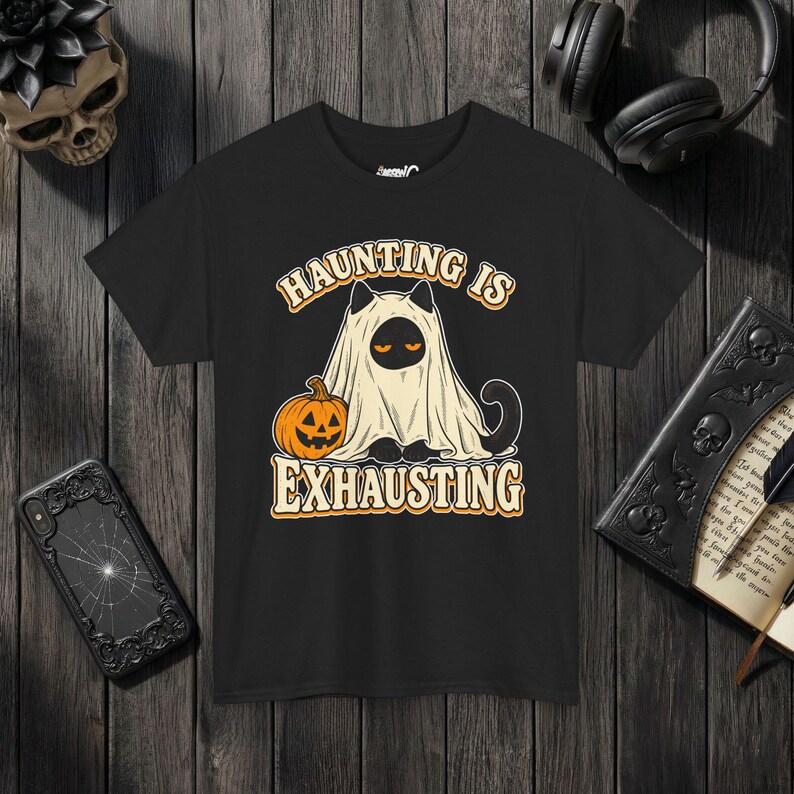 Funny Cat Ghost Shirt, Haunting Is Exhausting Halloween Tee, Retro Spooky Season Gift Black