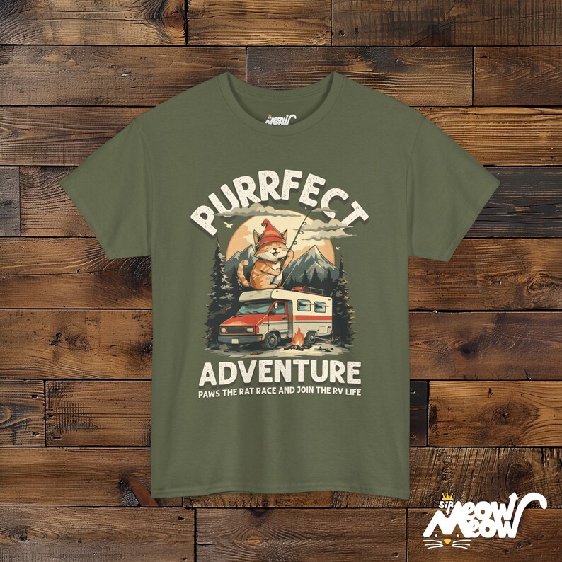 RV Cat T-Shirt: Purrfect Adventure Graphic Tee for Camping Lovers Military Green