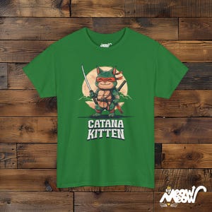 Ninja Cat T-Shirt, Samurai Kitten Graphic, Funny Cat Lover Gift Turf Green