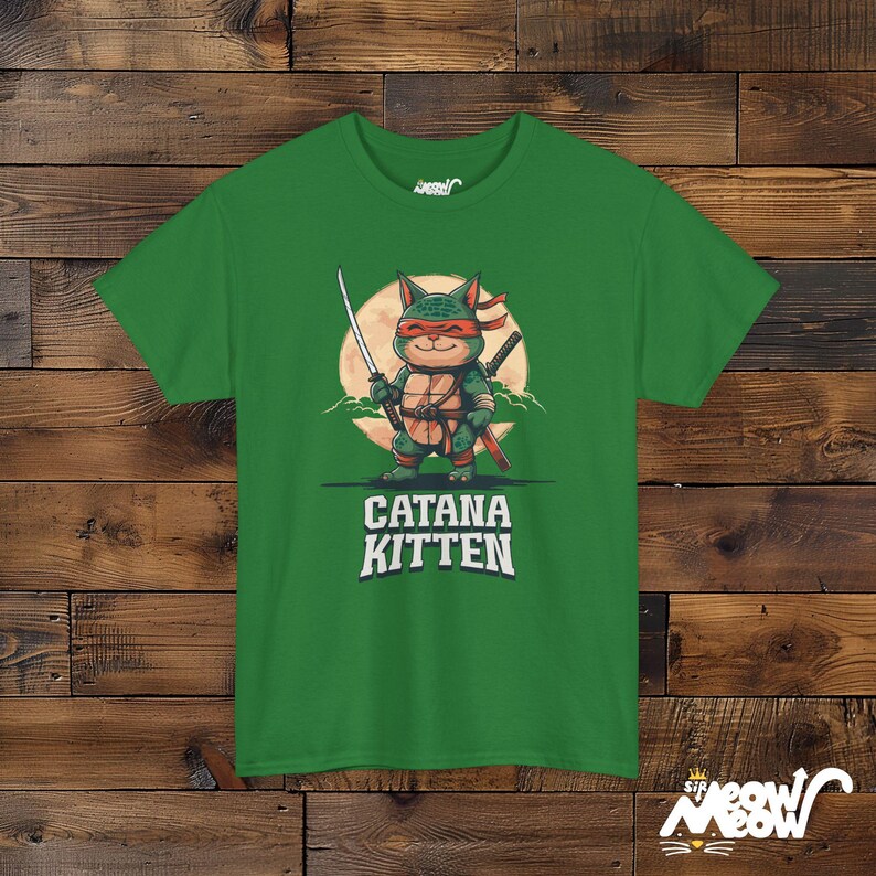 Ninja Cat T-Shirt, Samurai Kitten Graphic, Funny Cat Lover Gift Turf Green