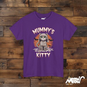 Camiseta unissex Mummy Cat, presente de Halloween assustador Purple