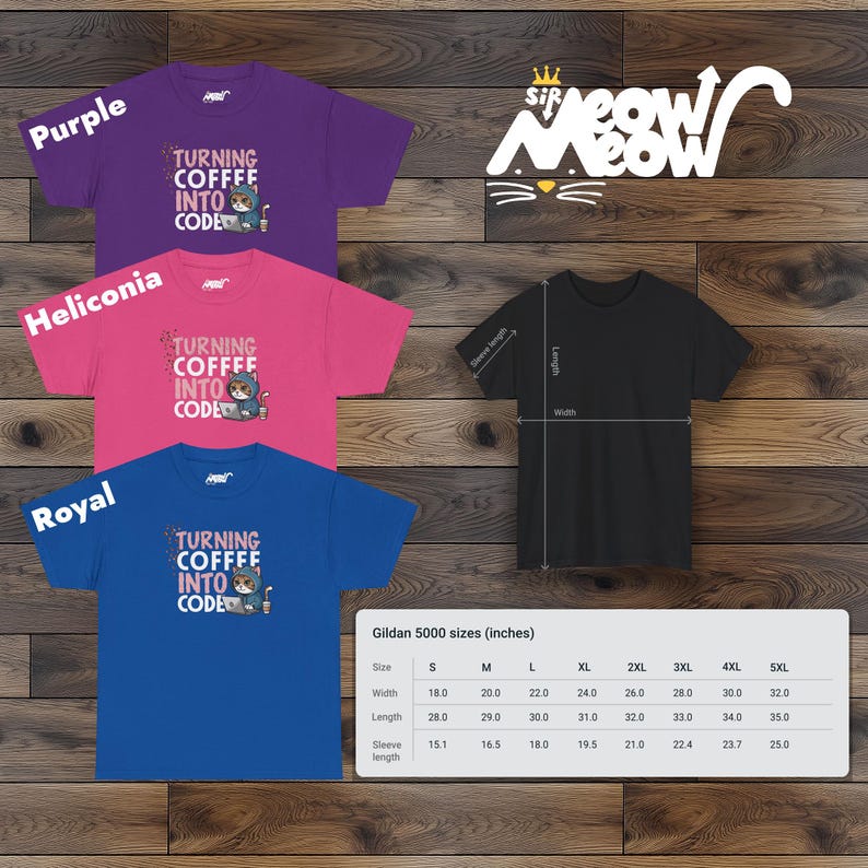 May include: Three t-shirts in purple, pink, and blue with the text "Turning Coffee Into Code" and a cartoon cat holding a laptop. The shirts are available in sizes S-5XL. The text "Sir Meow" is at the top of the image.