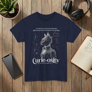 Madam Curie Curieosity T Shirt Science Cat Illustration Humor Gift Navy