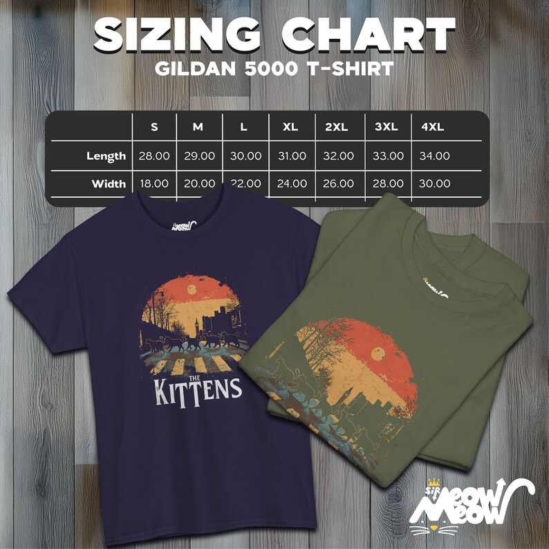 May include: Two t-shirts with a graphic of a sunset and a group of cats walking across a crosswalk. The text "The Kittens" is below the graphic. The t-shirts are available in navy blue and olive green. A sizing chart is included with measurements in inches for each size: S, M, L, XL, 2XL, 3XL, and 4XL.