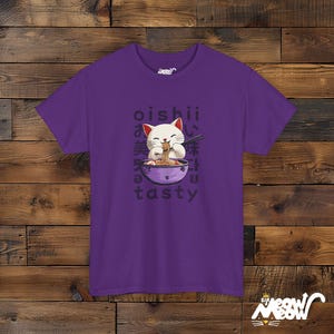Kawaii Ramen Cat T-Shirt, Japanese Anime Foodie Gift Purple