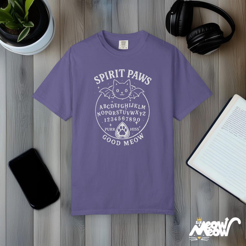 Cat Ouija Board Comfort Colors T-Shirt, Witchy Halloween Tee Grape