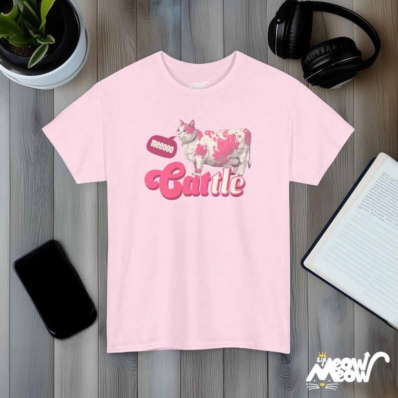 Cattle Cat T-Shirt, Funny Cow Print Cat Tee, Animal Lover Gift Light Pink