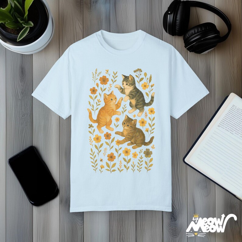 Comfort Colors Kitten T-Shirt: Vintage Floral Cat Tee, Cottagecore Gift Chambray