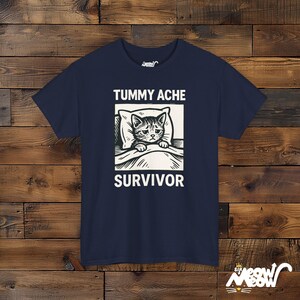 Tummy Ache Survivor Cat Shirt: Funny Unisex Graphic Tee Navy