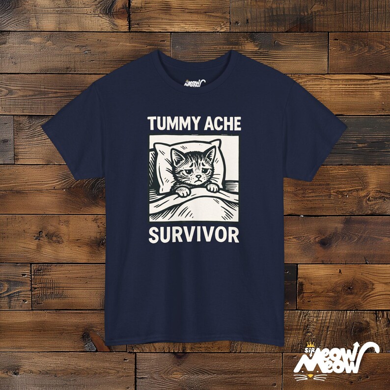 Tummy Ache Survivor Cat Shirt: Funny Unisex Graphic Tee Navy