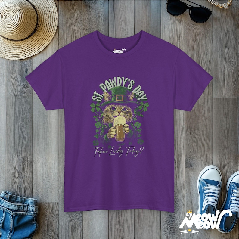 St Pawdy's Day Cat T-Shirt: Feline Lucky Irish Tee Purple