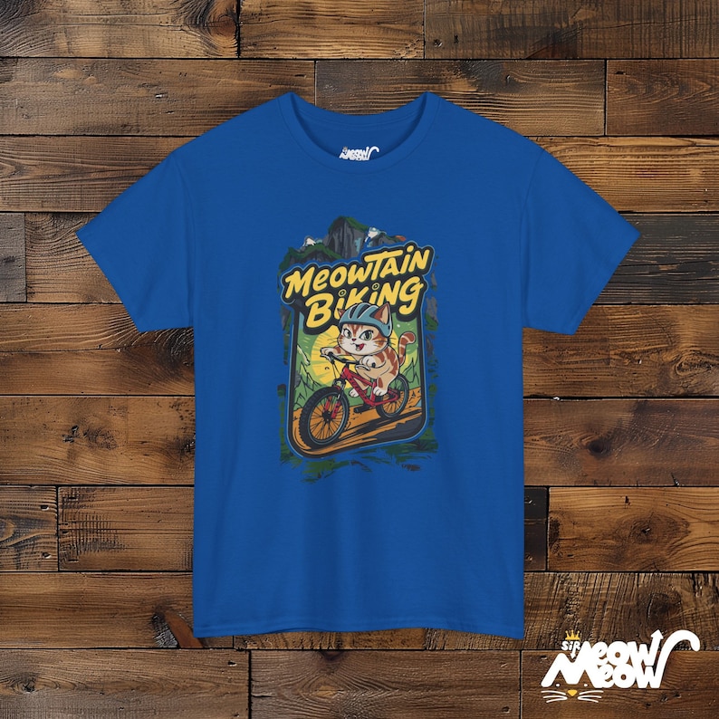 Meowtain Biking T-Shirt: Fun Cat Graphic Tee for Outdoor Lovers Royal