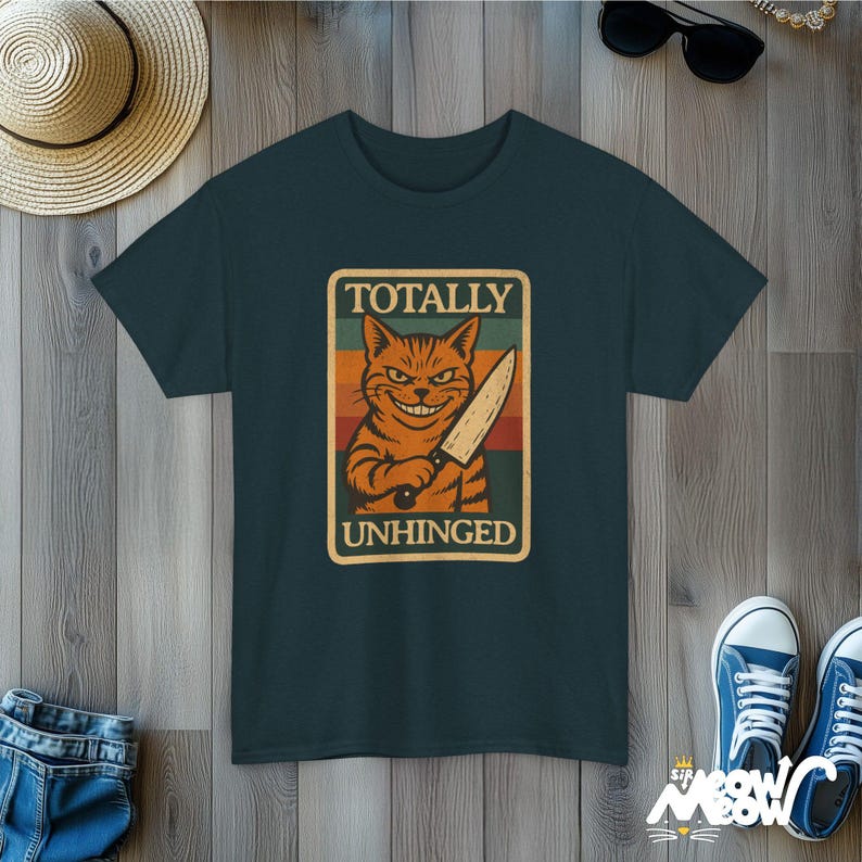 Unhinged Cat Knife T-Shirt: Funny Psycho Cat, Retro Style Midnight