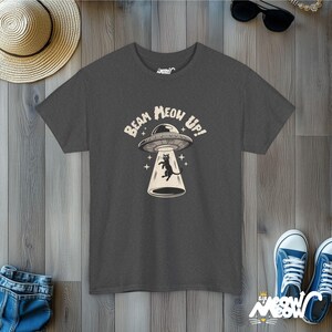 Beam Meow Up Cat T-Shirt: Funny UFO Abduction Tee Dark Heather