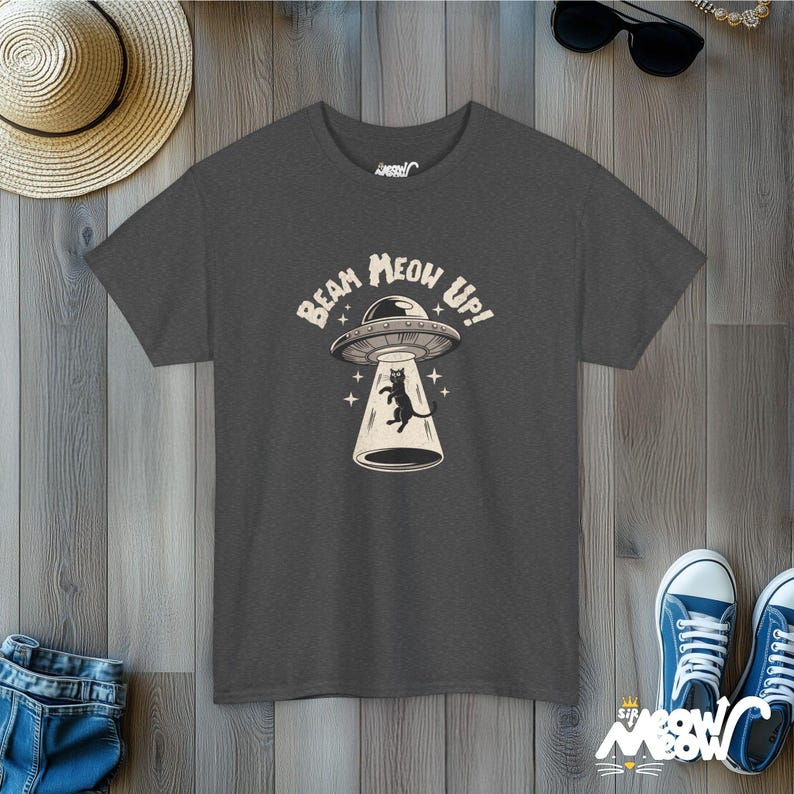 Beam Meow Up Cat T-Shirt: Funny UFO Abduction Tee Dark Heather