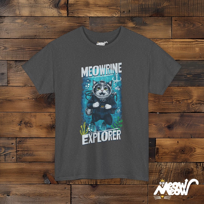 Meowrine Explorer T-Shirt: Funny Scuba Diving Cat Graphic Tee Dark Heather