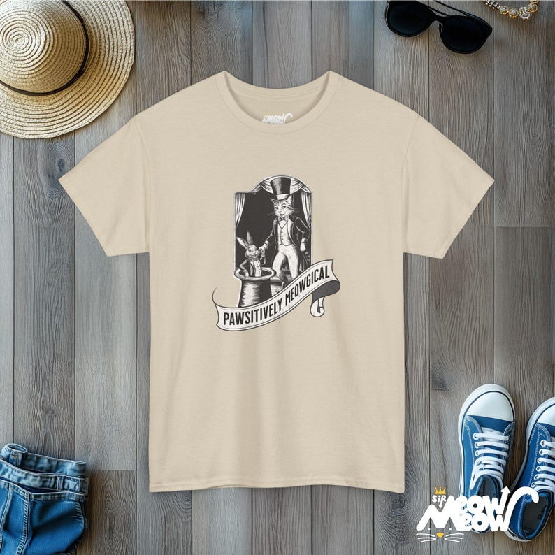 Magical Cat T-Shirt | Pawsitively Meowgical Graphic Tee | Funny Cat Lover Gift Sand