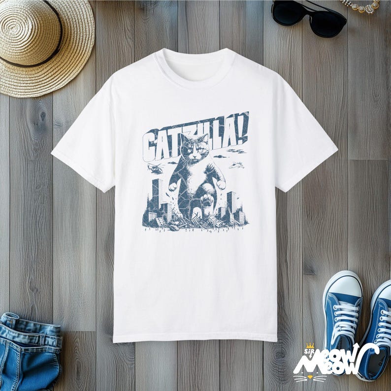 Funny Catzilla Cat T-Shirt: Comfort Colors Unisex Tee White