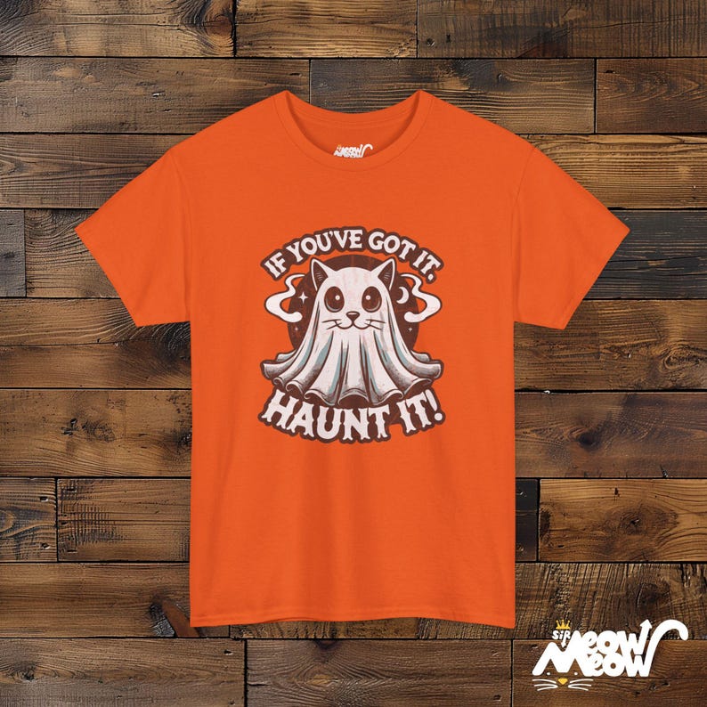 ゴーストキャットのハロウィンTシャツ、猫好きのための不気味なユニセックスシャツ Orange