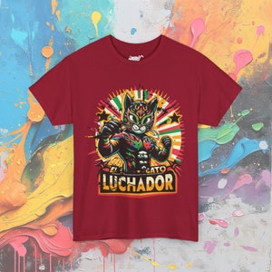 Wrestling Cat Shirt, El Gato Luchador T-Shirt, Lucha Libre Inspired Mexican Wrestler Cat Cardinal Red