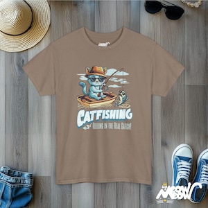 Catfishing Unisex Tee: Funny Cat & Fishing Graphic T-Shirt Brown Savana