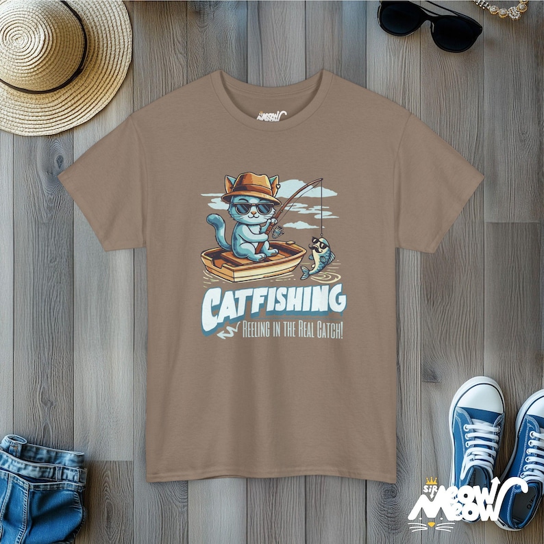 Catfishing Unisex Tee: Funny Cat & Fishing Graphic T-Shirt Brown Savana