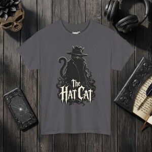 The Hat Cat Gothic T-Shirt, Spooky Halloween Cat Lover Tee Charcoal