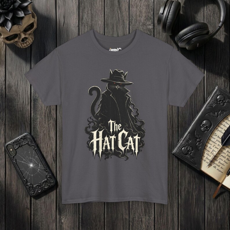 The Hat Cat Gothic T-Shirt, Spooky Halloween Cat Lover Tee Charcoal