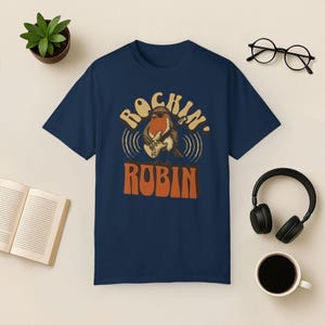 Rockin' Robin Graphic Tee: Retro Bird Music Lover Shirt True Navy