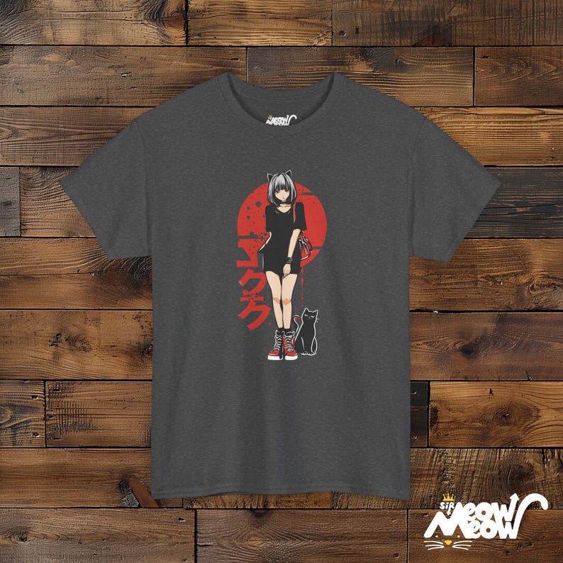 Anime Cat Girl T-Shirt: Japanese Streetwear, Neko Tee Dark Heather