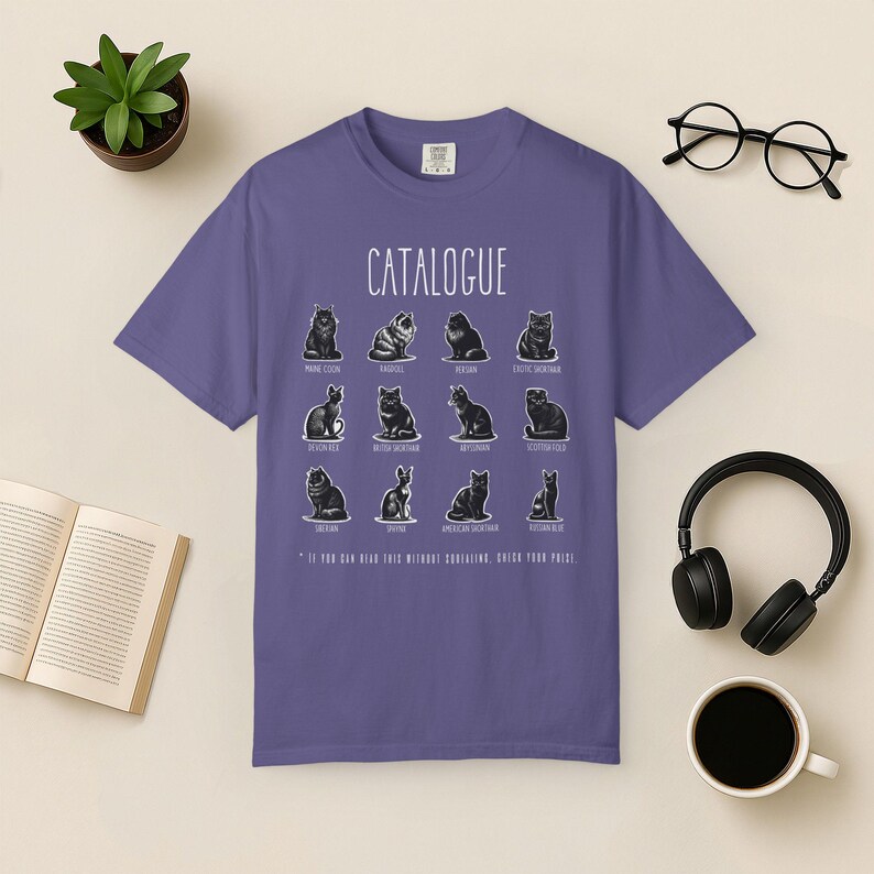 Cat Breeds T-Shirt: Funny Graphic Tee for Cat Lovers Grape