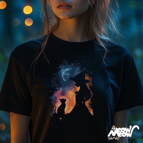 Mystical Witch and Cat T-Shirt - Halloween Witchy Vibes Tee - Cosmic Cat Lover Gift