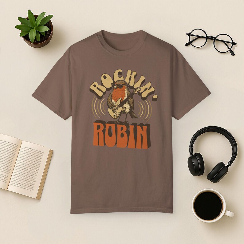 Rockin' Robin Graphic Tee: Retro Bird Music Lover Shirt Espresso