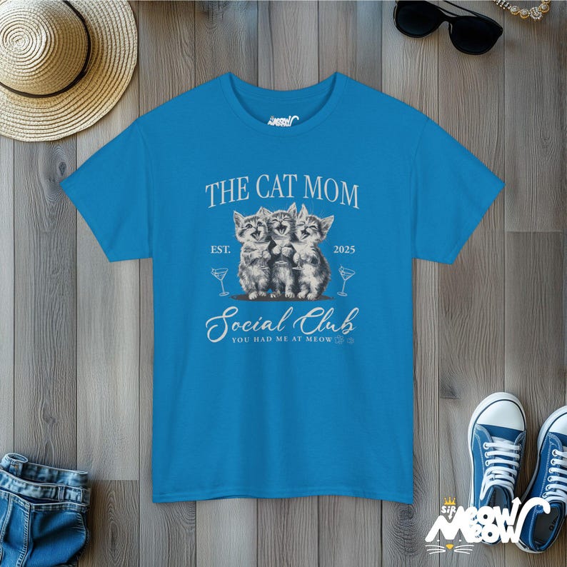 Customizable Cat Mom Social Club T-shirt: Martini Kittens Sapphire