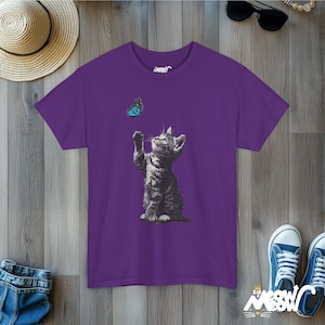 Kitten and Butterfly Graphic T-Shirt, Cat Lover Tee Purple